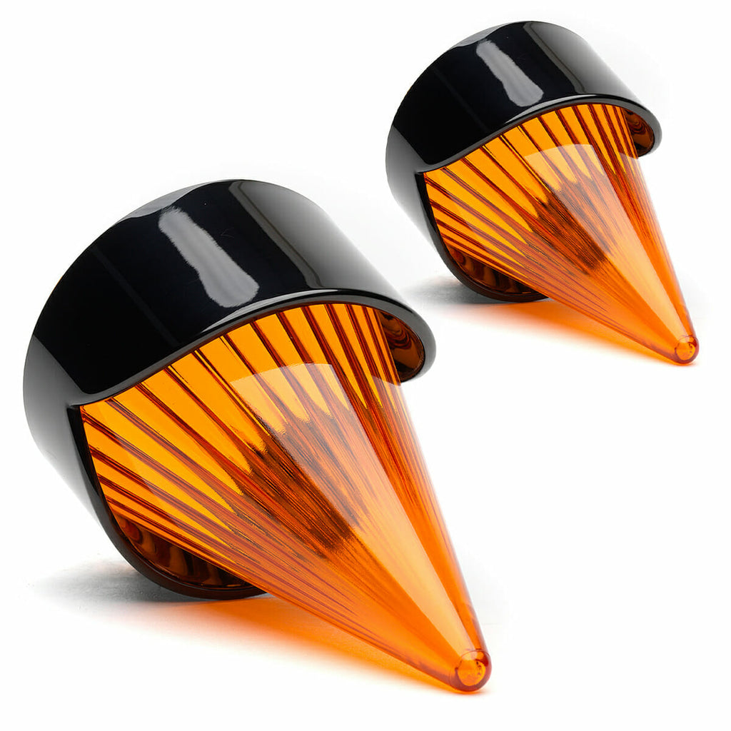 A pair of Harley Davidson Clip in Lenses - Afterburner / Black / Amber cones on a white background, reminiscent of the Harley Heritage Road King, by Cuztom Kraft.