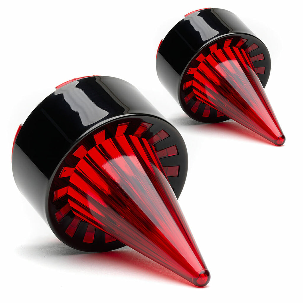 A pair of Harley Davidson Clip in Lenses - Rocket / Black / Red cones on a white background, inspired by the iconic Cuztom Kraft Road King and Heritage models.
