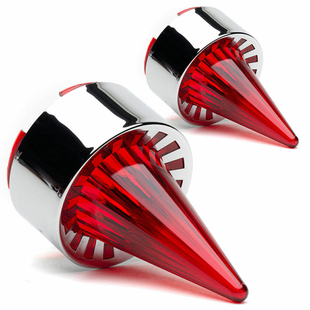 A pair of Harley Davidson Clip in Lenses - Rocket / Chrome / Red on a white background, inspired by the iconic Harley Road King and Heritage models, brought to you by Cuztom Kraft.
