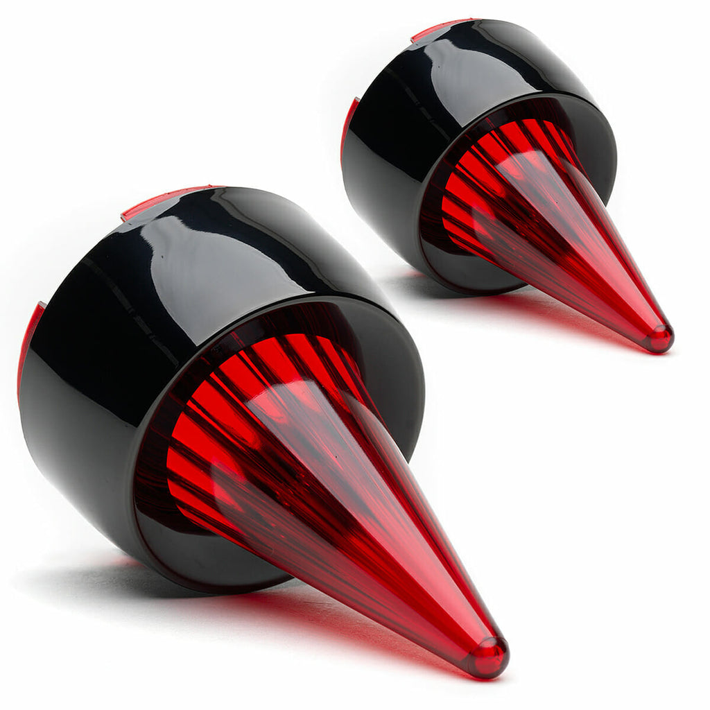 A pair of red and black Cuztom Kraft Harley Davidson Clip in Lenses - Supersonic / Black / Red cones on a white surface.