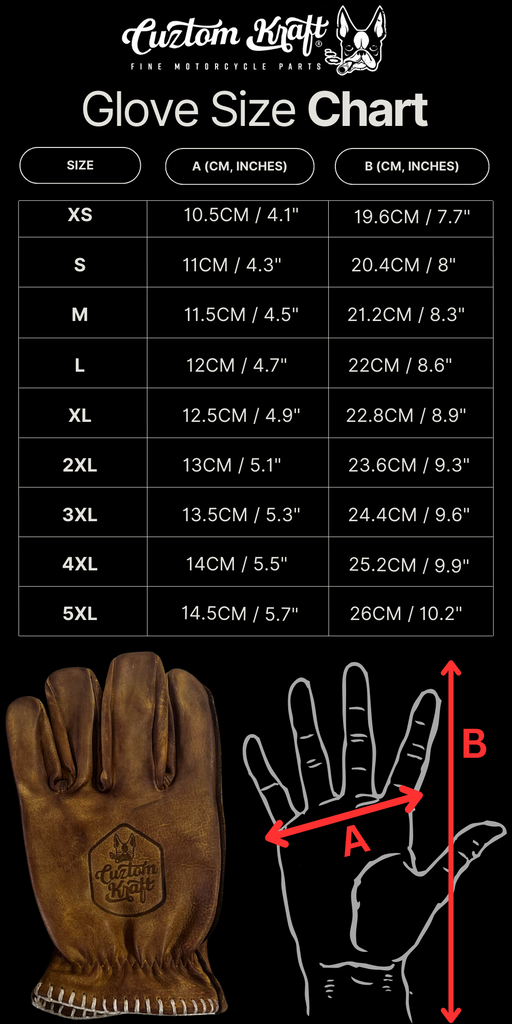 A chart of size and measurements of Bad Ass Leather Riding Gloves - Black, crafted from genuine leather by Cuztom Kraft.