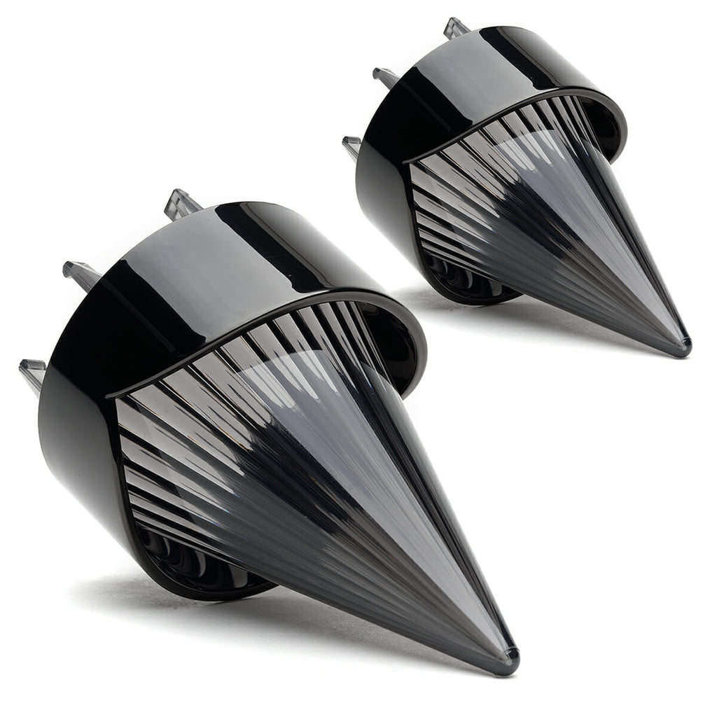 Two Cuztom Kraft black cone lights with Harley Davidson Screw in Lenses - Big Burner / Black / Smoked on a white background.