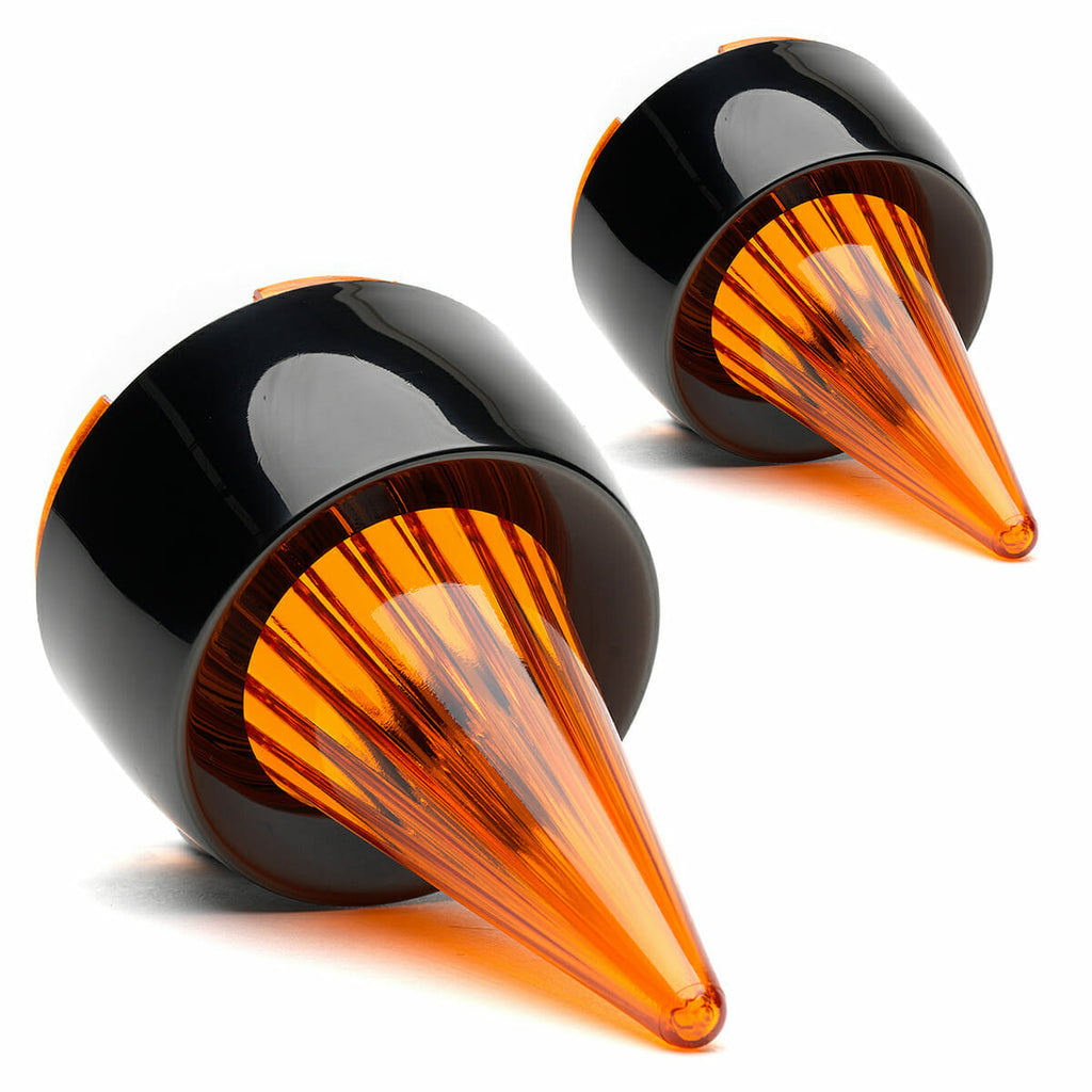 Two orange and black cones on a white background, inspired by Cuztom Kraft Harley Davidson Clip in Lenses - Supersonic / Black / Amber.