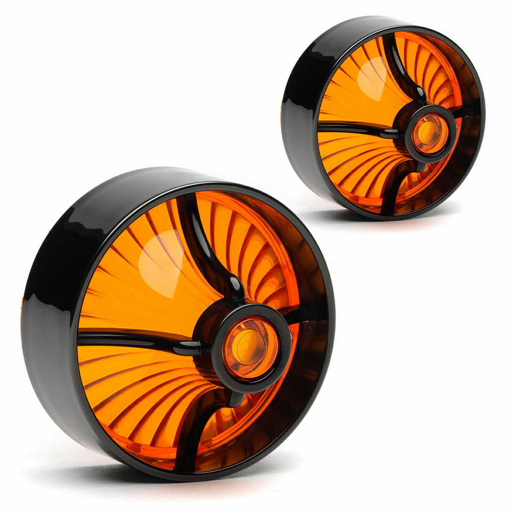 Two Harley Davidson Clip in Lenses - Turbine / Black / Amber on a white background.