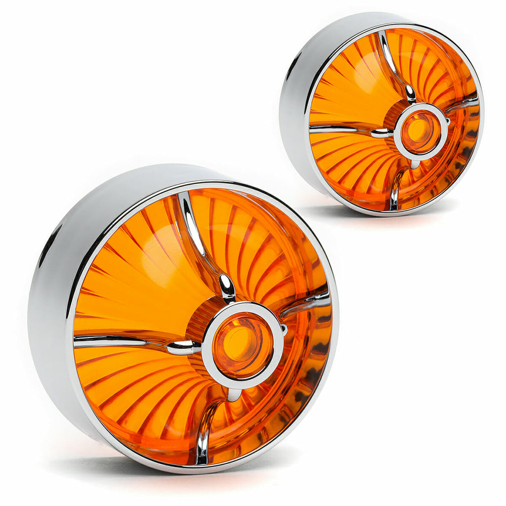 Two orange chrome Cuztom Kraft Harley Davidson Clip in Lenses - Turbine / Chrome / Amber wheel covers on a white background.