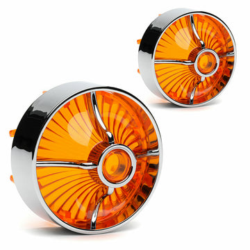 A pair of Cuztom Kraft Harley Davidson Screw in Lenses - Big Turbine / Chrome / Amber on a white background.