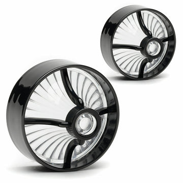 Two Cuztom Kraft Harley Davidson Screw in Lenses - Big Turbine / Black / Clear wheels on a white background.