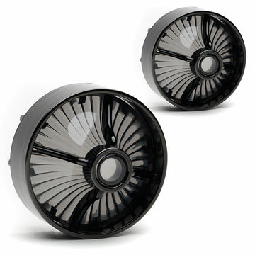 Two black Harley Davidson Screw in Lenses - Big Turbine / Black / Smoked wheels on a white background with Cuztom Kraft.