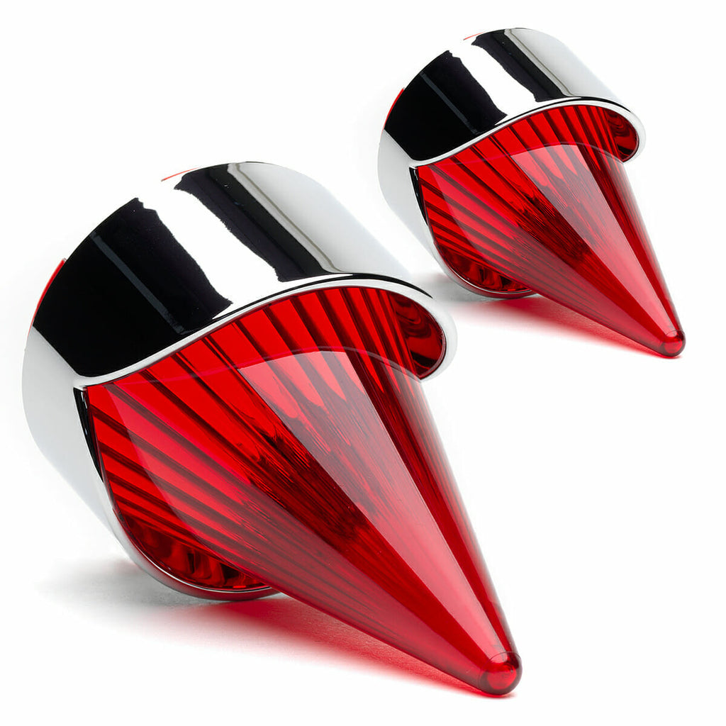 A pair of red and chrome Cuztom Kraft Harley Davidson Clip in Lenses - Afterburner tail lights on a white background.
