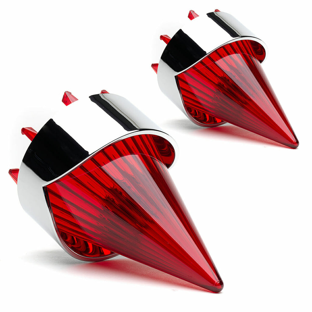 A pair of Cuztom Kraft Harley Davidson Screw in Lenses - Big Burner / Chrome / Red tail lights on a white background, perfect for Harley Glide Bike enthusiasts.
