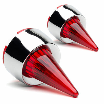 A pair of Harley Davidson Clip in Lenses - Supersonic / Chrome / Red tail lights on a white background, showcasing the classic style of a Road King, by Cuztom Kraft.
