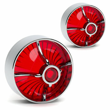 Two Cuztom Kraft red chrome wheel covers on a white background featuring Harley Davidson Clip in Lenses - Turbine / Chrome / Red.