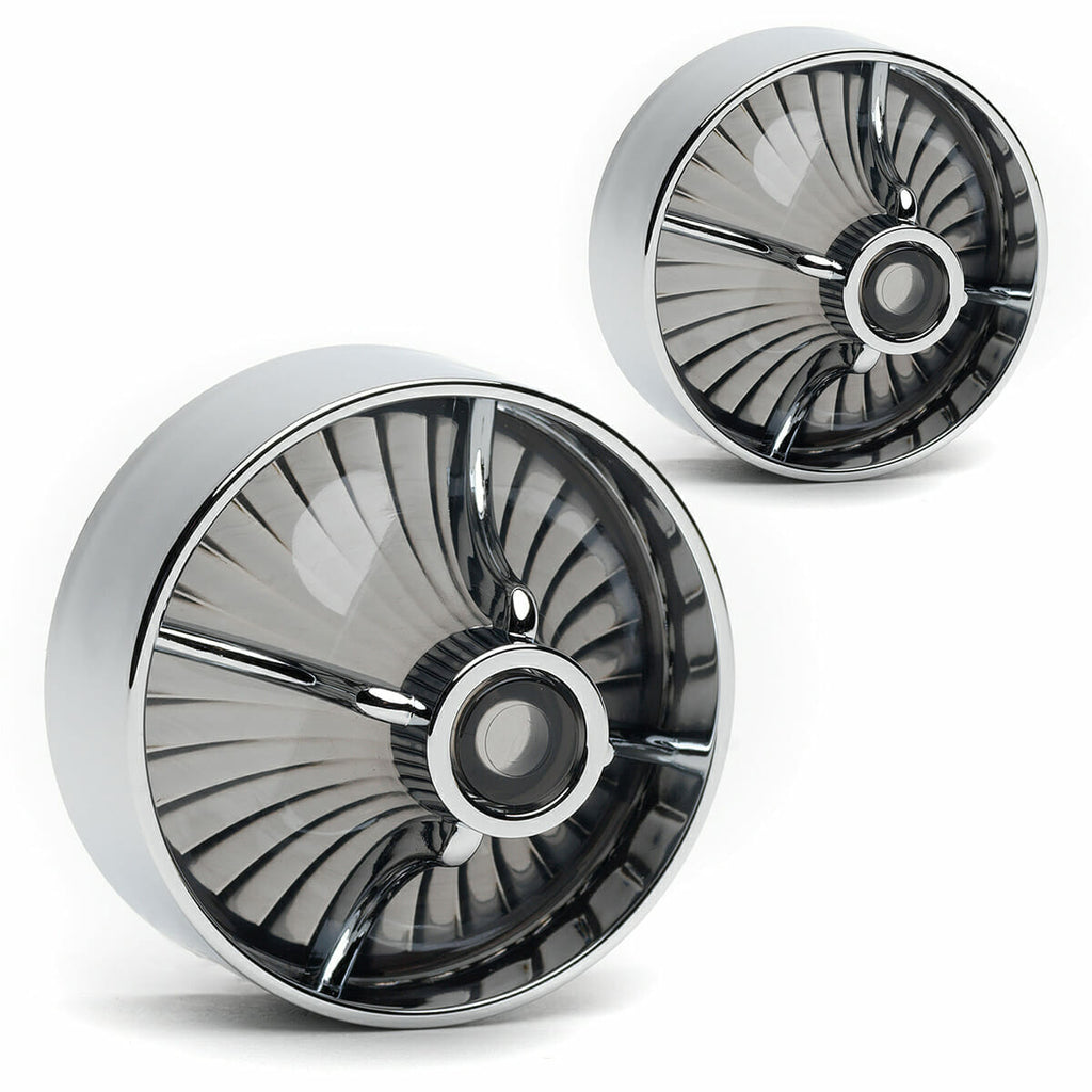 A pair of Harley Davidson Clip in Lenses - Turbine / Chrome / Smoked, reflecting the Road King and Heritage models, on a white background by Cuztom Kraft.