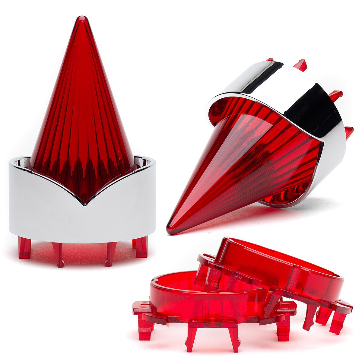A set of red and silver Harley Davidson Turn Signal Lenses - Screw in Style cones by Cuztom Kraft.