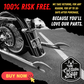 A Reaper Exhaust Tips motorcycle with the words '100% risk free because you love your parts' by Cuztom Kraft.